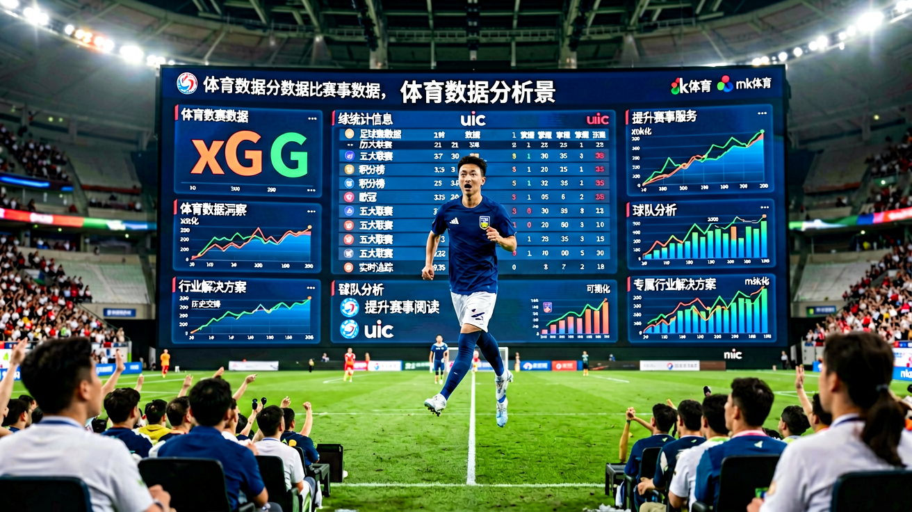 体育数据分析场景，大屏幕显示比赛数据图表和统计信息